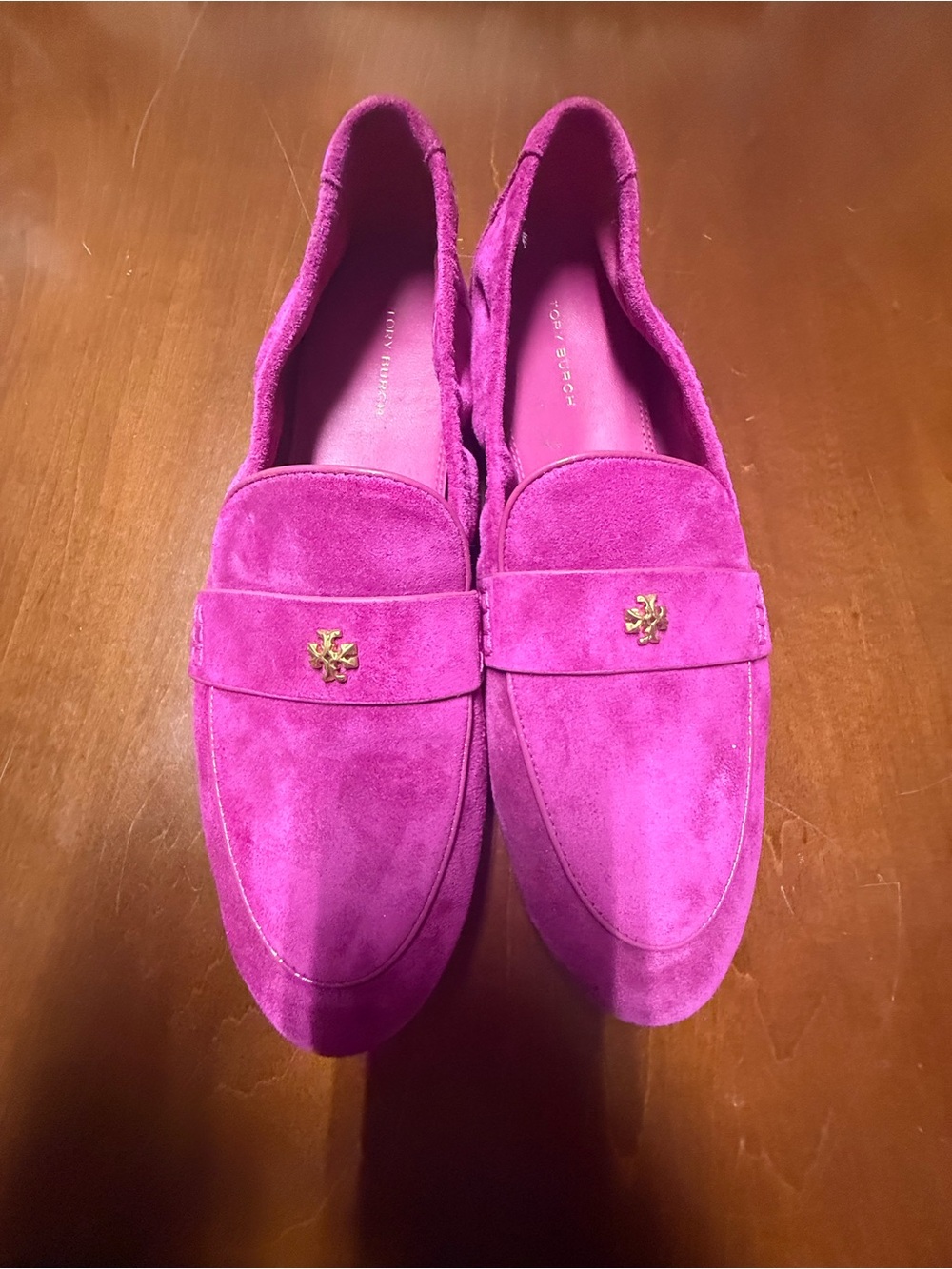 Tory Burch Suede Loafers in Bright Fuchsia Pink with Gold Emblem